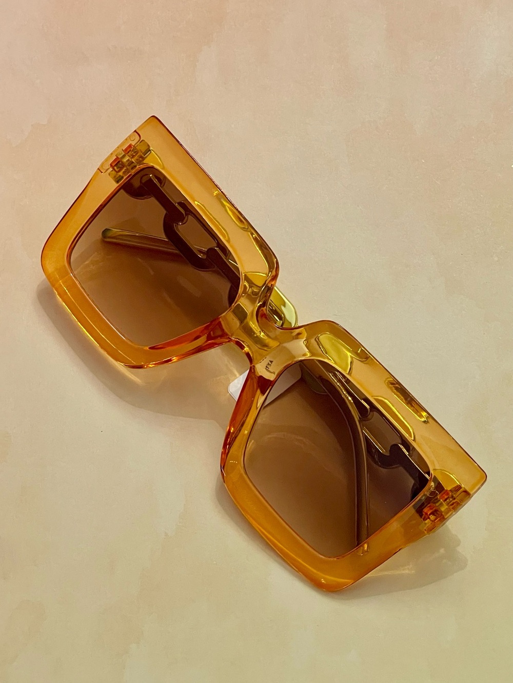 Anthropologie Oversized Amber Square Frames Sunglasses Gold Chain‑Design Arms